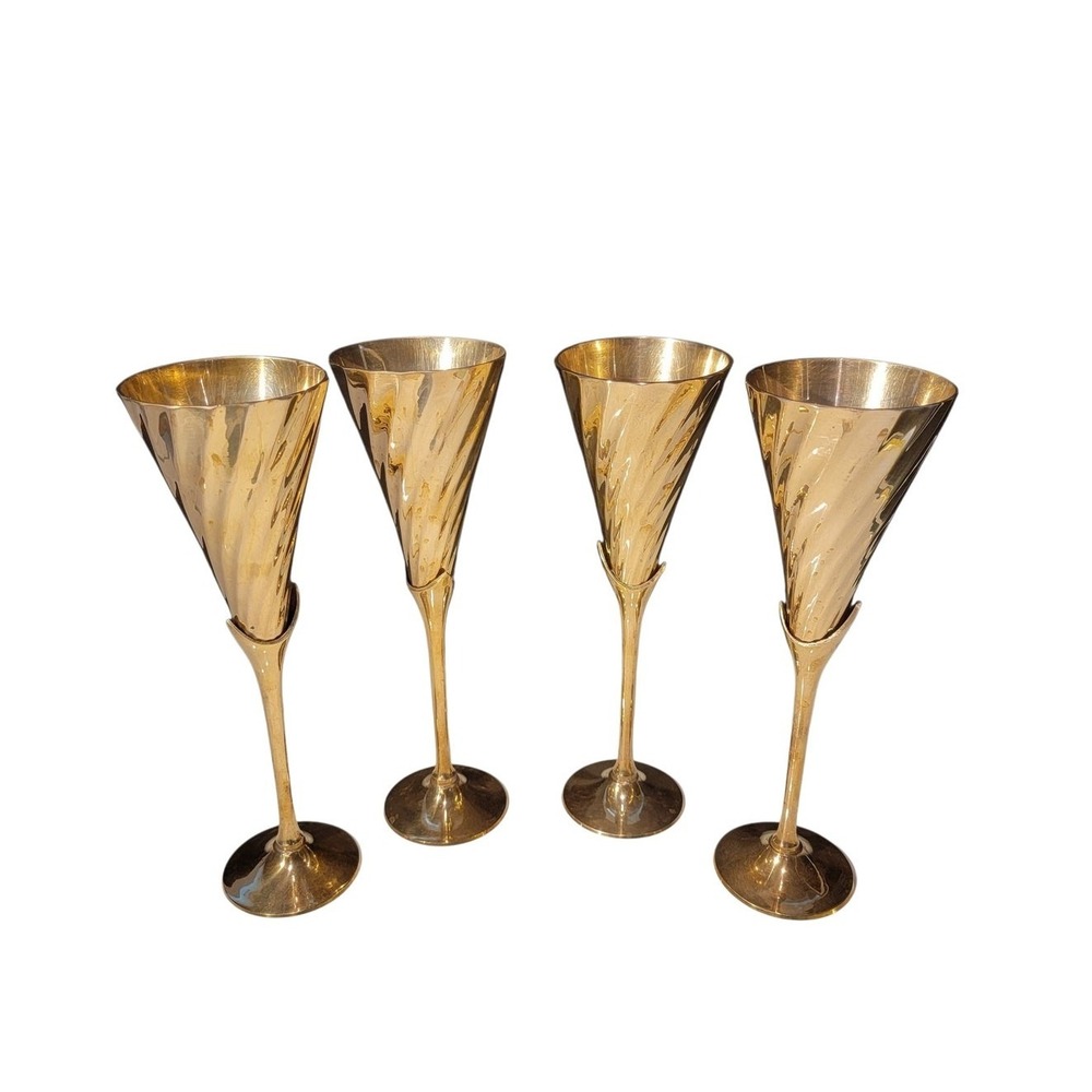 Vintage Brass Champagne Flutes Set of 4 Celebration Toasting New Year "READ"‎